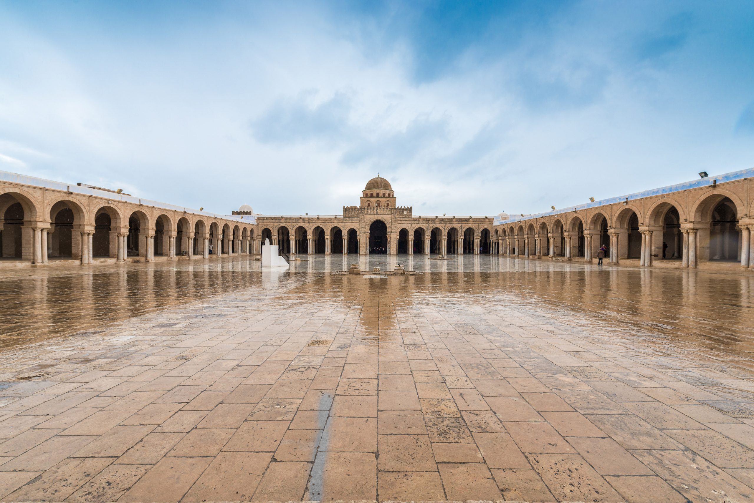 KAIROUAN, TN - MARCH 16, 2017: The Great Mosque, also known as the Mosque of Uqba, is one of the most important mosques in Tunisia, situated in the UNESCO World Heritage town of Kairouan.