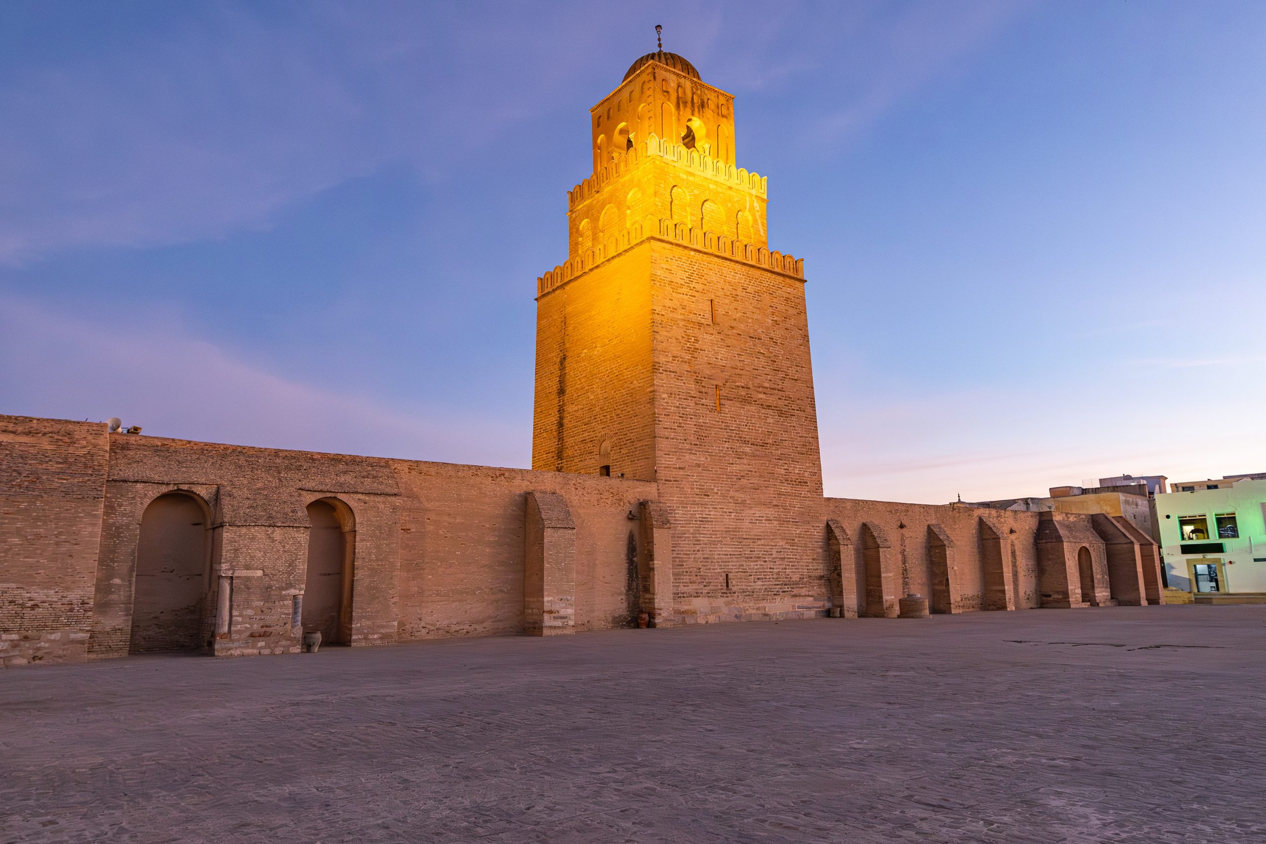 Kairouan, Tunisia. Evening view of the minaret of the Great Mosque of Kairouan.